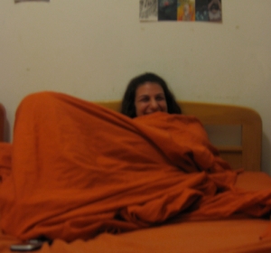 Me, wrapped in my orange sheets, and so happy!